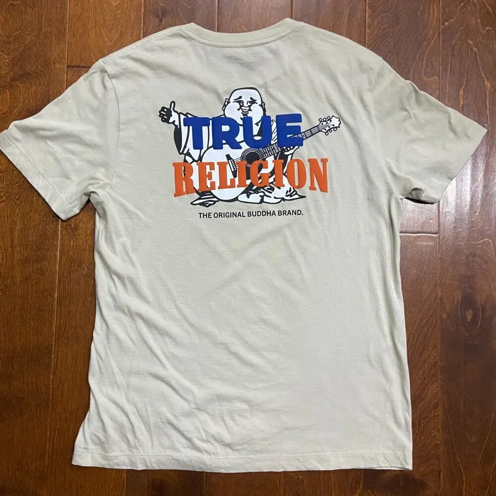 True Religion Basic Fit Tan Brown Buddha Logo T-Shirt Cotton Men's Size Large